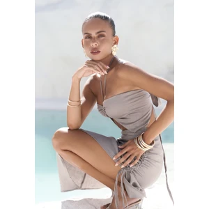 Abrossa Boyundan Bağcıklı Asimetrik Füme Keten Elbise