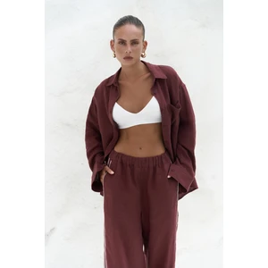 Orchidea Oversize Bordo Keten Gömlek Takım