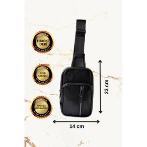 USB Çıkışlı Unisex Bodybag Siyah Çapraz Çanta(Hakiki Deri)