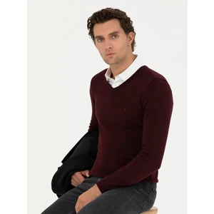 Erkek Bordo Slim Fit V Yaka Basic Triko Kazak 50214114-VR014