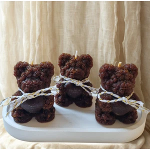 Oval Tabakta, 3'lü Çikolata Kokulu, Kahverengi Kalpli Ayıcık Mumlar