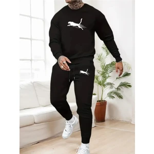 Eşofman Takımı Panter Baskılı Unisex Kışlık Kalın Pamuklu Sweatshirt ve Eşofman Altı 2' Li Set