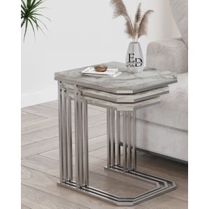 Lyon 3'lü C Zigon Sehpa Gümüş Metal - Beyaz Mermer Tabla