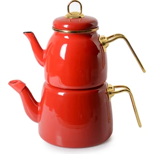 Emaye Çaydanlık - Kırmızı / Altın