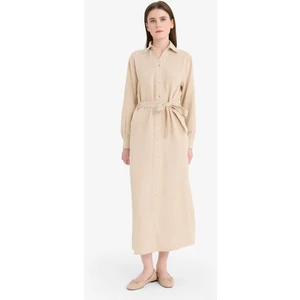 Gömlek Yaka Kuşaklı Müslin Uzun Kollu Maxi Elbise