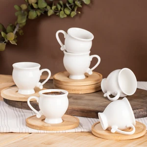 101964 Bambu Tabaklı Porselen 6 Kişilik Fincan Seti 12 Parça Türk Kahvesi Fincanı TAKIMI-90ML