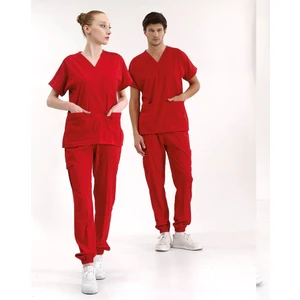 Çizgi Medikal Kırmızı Jogger Scrubs Lüks Likralı Greys Takım