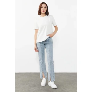 Kadın Kar Yıkama Strıngt Yırtmaçlı Jean Ispanyol Paça Ön Yırtmaçlı Kot Pantolon