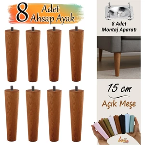 8 Adet Ahşap Ayak 15 cm Açık Meşe M8 Civatalı Bağlantı Aparatlı Dolap Mobilya Koltuk Kanepe Destek Ayağı Ayakları