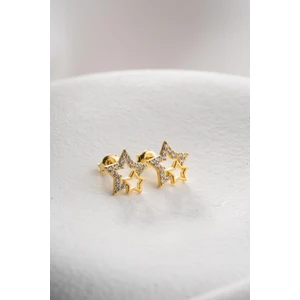 925 Ayar Gümüş Gold Zirkon Taşlı Çift Yıldız Model Küpe