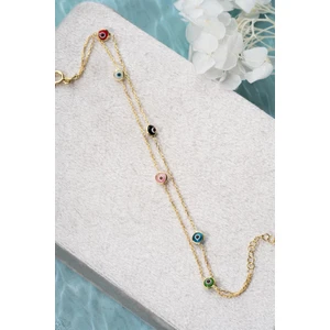 925 Ayar Gümüş Gold Mix Renkli 2 Sıra Zincirli Nazar Göz Bileklik