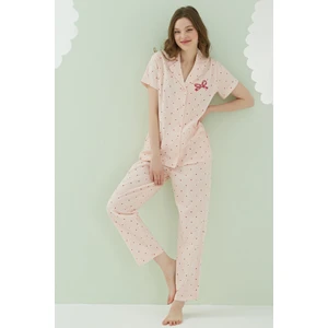 Pamuklu, Önden Düğmeli, Kısa Kollu, Kadın Pijama Takımı Somon