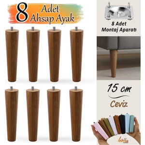8 Adet Ahşap Ayak 15 cm Ceviz M8 Civatalı Bağlantı Aparatlı Dolap Mobilya Koltuk Kanepe Destek Ayağı Ayakları