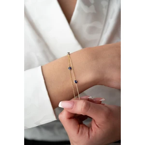 925 Ayar Gümüş Gold Mavi Renkli 2 Sıra Zincirli Nazar Göz Bileklik