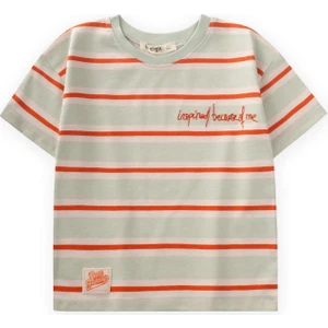 Geniş Çizgili Nakışlı T-Shırt 2-10 Yaş Mint Turuncu Çizgili
