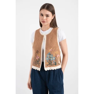 Hatunatila Desenli Süzine Örgü Triko Yelek Kahverengi - 5136