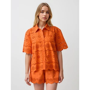 Jimmy Key Turuncu %100 Pamuk Dirsek Kol Dantelli Dokuma Gömlek