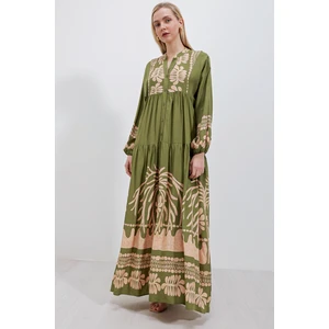 2423 Otantik Desenli Tesettür Elbise - Haki