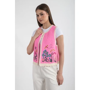 Hatunatila Desenli Süzine Örgü Triko Yelek Pembe - 5136