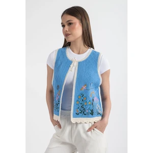 Hatunatila Desenli Süzine Örgü Triko Yelek Mavi - 5136