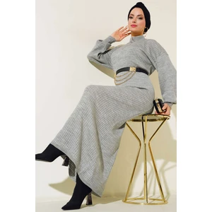 15900 Boydan Tesettür Triko Elbise - Gri