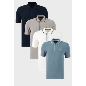 Pamuklu Slim Fit Şerit Detaylı Düğmeli Polo Yaka 4'lü Paket T Shirt Erkek T Shirt 5902118S4