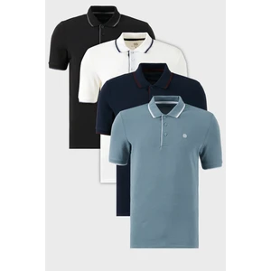 Pamuklu Slim Fit Şerit Detaylı Düğmeli Polo Yaka 4'lü Paket T Shirt Erkek T Shirt 5902118S4