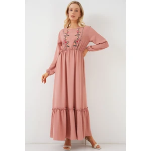 Kadın Nakışlı Uzun Tesettür Elbise 2550 - Pudra