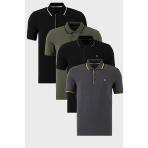 Pamuklu Slim Fit Şerit Detaylı Düğmeli Polo Yaka 4'lü Paket T Shirt Erkek T Shirt 5902118S4