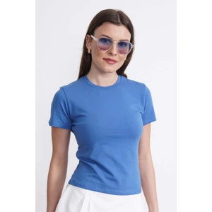 Crop Slim Fit Pamuk Likra Tişört-Koyu Mavi