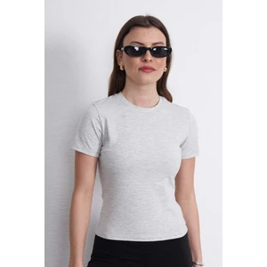 Crop Slim Fit Pamuk Likra Tişört-Kar Melanj