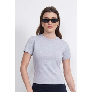 Crop Slim Fit Pamuk Likra Tişört-Gri Melanj