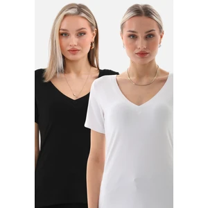 Viskon Dökümlü V Yaka 2'li Tişört-Siyah-Beyaz