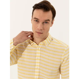 Erkek Sarı Keten Karışımlı Slim Fit Uzun Kollu Gömlek 50247552-VR044