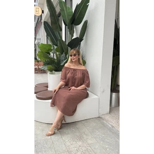 Kadın Büyük Beden Lastik Yaka Kısa Kol Sofia Keten Elbise 24780