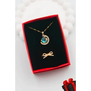 Kadın Paslanmaz Çelik Gold Zirkon Taşlı Gökyüzü Kolye ve Fiyonk Yüzük Set