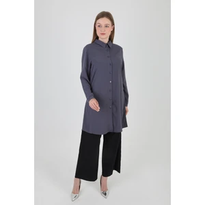 Önden Düğmeli,gömlek Yaka,viskon Kumaş Indigo Tesettüre Uygun Tunik