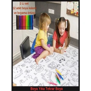 Elite 2li Set Kumaş Yıkanabilir Boyama Seti 12LI Boya ile Su Geçirmez Örtü Eğitici Boyama 100X150CM 1 Adet