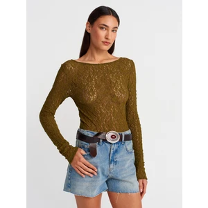 31312 Kayık Yaka Dantel Top-Koyu Yeşil