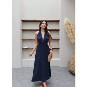 Boyundan Askılı Ip Bağlamalı Keten Elbise