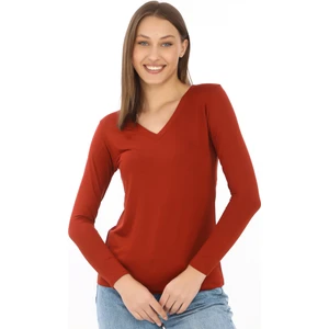 Yumuşak, Rahat ve Şık Viskon V Yaka Tişört-Koyu Taba