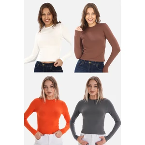 Penye Bizden Likralı Pamuk Tişört-Slim Fit 4'lü Satış-Krem-Açık Kahve-Turuncu-Füme