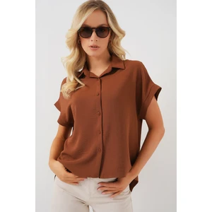 Kadın Oversize Kısa Kol Gömlek 20322 - Taba