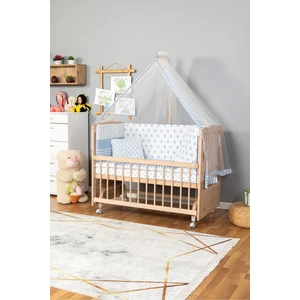 Ahşap Beşik Anne Yanı Beşik Organik(Boyasız) 60X120-MAVI Yıldız Tekyastık Uykuseti Yatak Tekerlekli