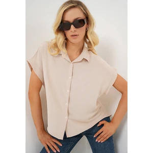 Kadın Oversize Kısa Kol Gömlek 20322 - Krem