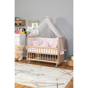 Ahşap Beşik Anne Yanı Beşik Organik (Boyasız) 60X120 - Pembe Balina Uyku Seti Yatak Tekerlekli
