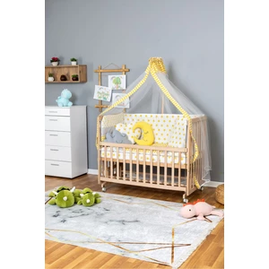 Ahşap Beşik Anne Yanı Beşik Organik 70X130 - Sarı Yıldız 3 Yastıklı Uyku Seti + Yataklı + Tekerlekli