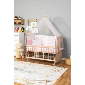 Ahşap Beşik Anne Yanı Beşik Organik(Boyasız) 60X120-PEMBE Yıldız Tek Yastık Uykuseti Yatak+Tekerlek