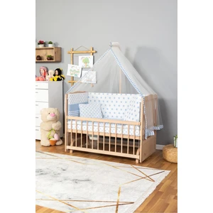 Ahşap Beşik Anne Yanı Beşik Organik(Boyasız) 60X120-MAVI Yıldız Tek Yastık Uyku Seti + Yatak