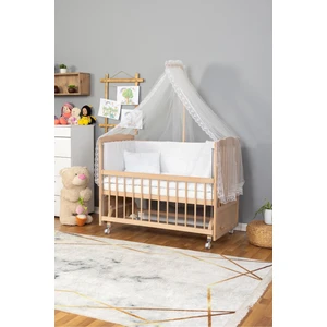 Ahşap Anne Yanı Beşik - Doğal Bebek Beşiği 60X120-BEYAZ Güpür Uyku Seti Yatak Tekerlekli